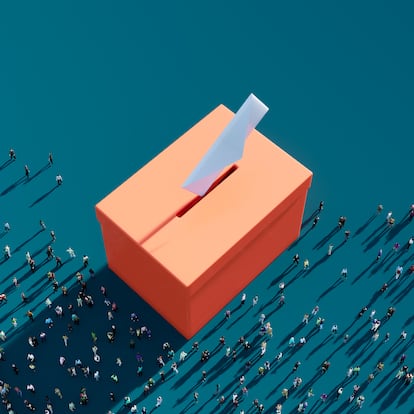 People waiting  before an orange colored ballot box on blue background. Horizontal composition. Election concept.