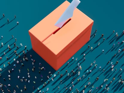 People waiting before an orange colored ballot box on blue background. Horizontal composition. Election concept.