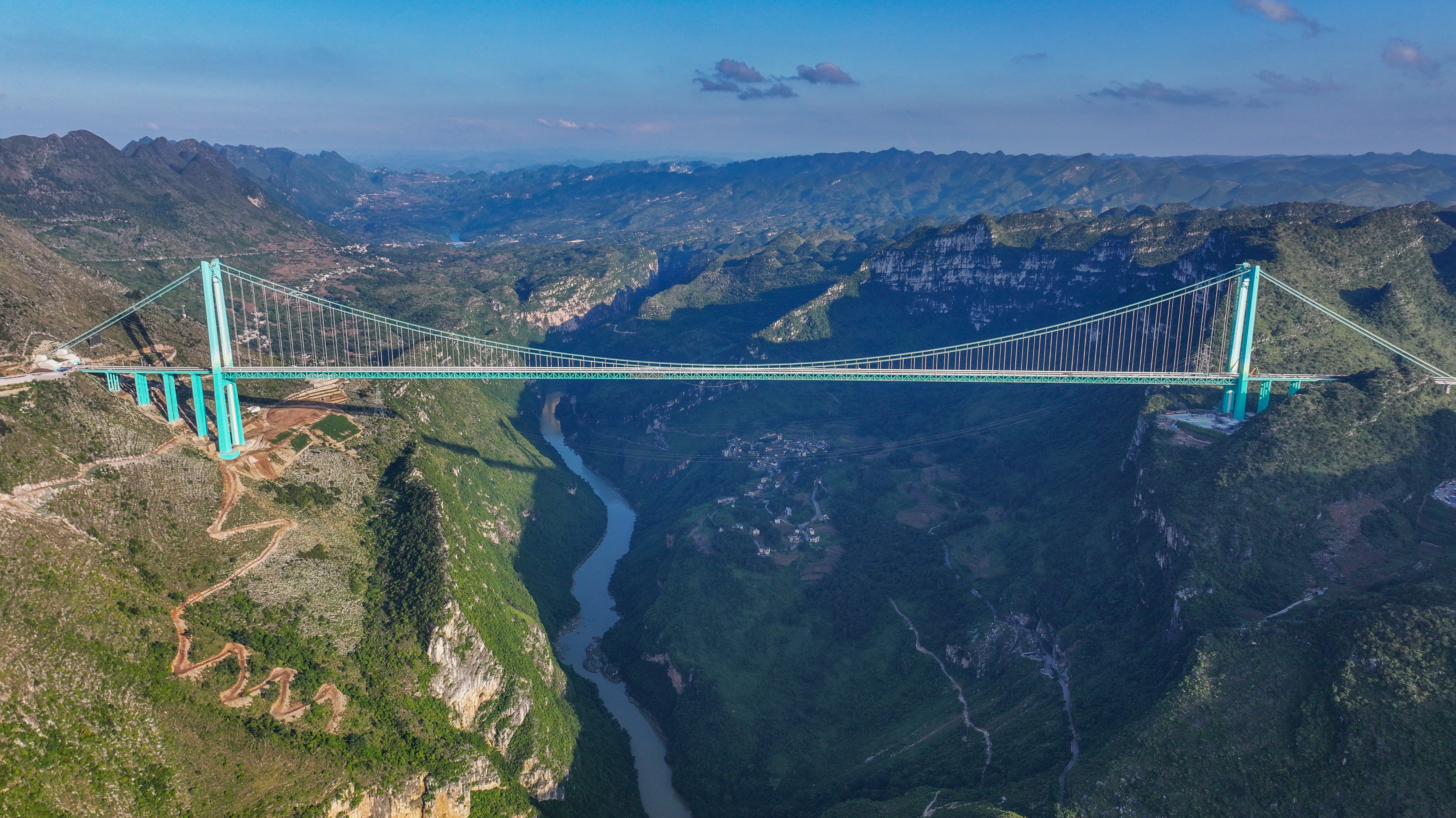 The scenery of the world's first high bridge, Huajiang Canyon Bridge, has a vertical height of 625 meters from the water surface in Zhenfeng County, Qianxinan Prefecture, Guizhou Province, China, on September 16, 2025. (Photo by Costfoto/NurPhoto via Gett