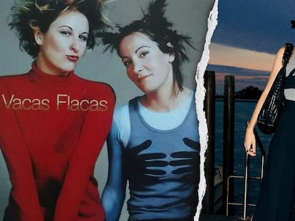 A la izquierda, las diseñadoras de Vacas Flacas con la camiseta que ahora ha recuperado Milena Smit dos décadas después.