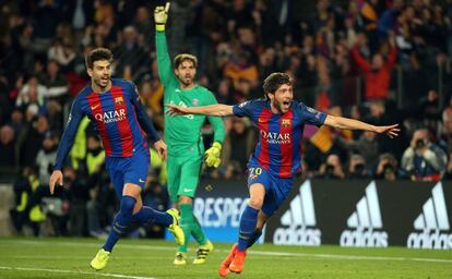 Sergi Roberto comemora o sexto gol contra o PSG.