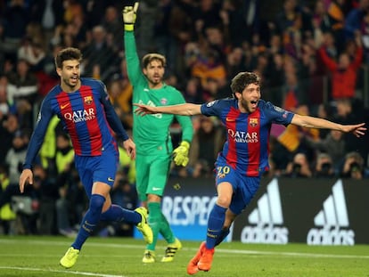 Sergi Roberto comemora o sexto gol contra o PSG.