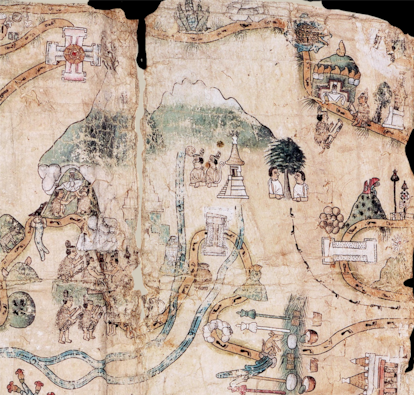 Una representación del volcán Popocatépetl en el lienzo del Mapa de Cuauhtinchán II. Este documento del periodo virreinal (siglo XVI) temprano es copia de un documento más antiguo, de origen prehispánico.