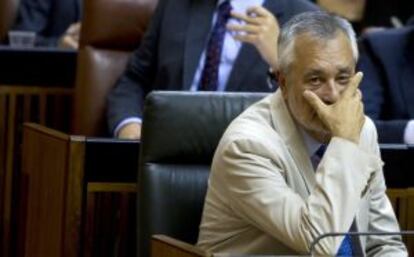 El presidente andaluz, José Antonio Griñán, durante el pleno extraordinario en el Parlamento de Andalucía celebrado hoy.