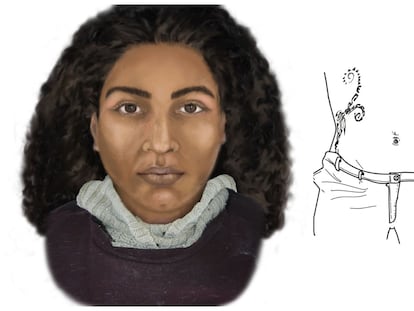 Retrato robot de la mujer que quiere identificar la Guardia Civil y dibujos de sus tatuajes.