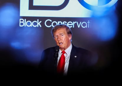 Republican presidential candidate and former U.S. President Donald Trump delivers a keynote speech at the Black Conservative Federation gala dinner, ahead of the South Carolina Republican presidential primary in Columbia, South Carolina, U.S., February 23, 2024.
