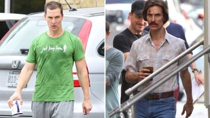 El de Matthew McConaughey en 'Dallas Buyers Club' es otro de esos cambios radicales. El actor (a la izquierda, en una imagen de finales de 2012; a la derecha, en el rodaje de la película en 2013) tuvo que adelgazar 23 kilos para convertirse en un enfermo de sida. "No voy a mentir. La dieta fue extrema. Perdía cuatro kilos por semana. Tomaba una Coca Cola Light, dos claras de huevo por la mañana, una porción de pollo, otra Coca Cola Light. Fue durísimo, siempre estaba hambriento y muy irritable. Mi cuerpo era como un pajarito pidiéndome que lo alimentara y yo sabía que no iba a hacerlo", contó el actor al 'HuffPost'. El esfuerzo, eso sí, le valió un Oscar, igual que a Leto, su compañero de reparto.