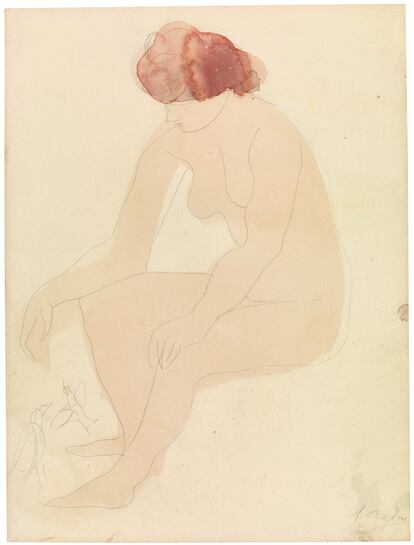 La exposición <i>La mano con lápiz. Dibujos del siglo XX</i> muestra al público más de un centenar de obras de artistas españoles y extranjeros del pasado siglo. En la imagen, <i>Figura sentada sobre fondo amarillo,</i>, de 1896-1899, del escultor francés Auguste Rodin.