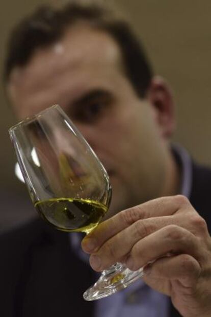Un hombre observa una copa durante la cata de la primera añada de aceite de oliva.