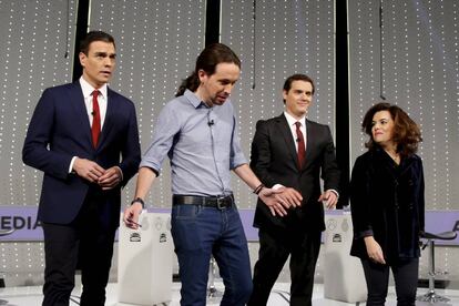 Pedro S&aacute;nchez, Pablo Iglesias, Albert Rivera y Soraya S&aacute;enz de Santamar&iacute;a, en el debate organizado por Atresmedia el pasado noviembre.