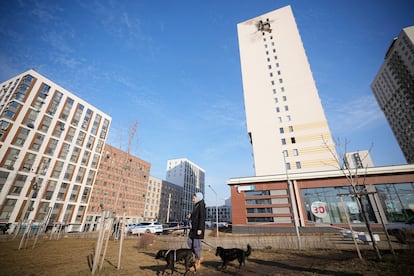 Un mujer camina con dos perros junto a un edificio afectado por un dron ucranio en Sapronovo, este martes.