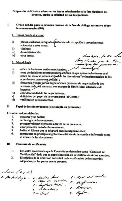 En la fase de diálogo, estos eran los temas. Eguiguren tomó notas sobre el orden del día.