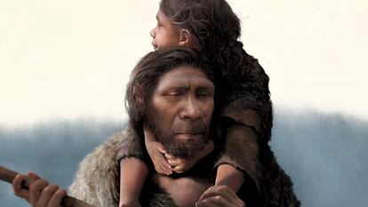 Representación de un padre neandertal y su hija.