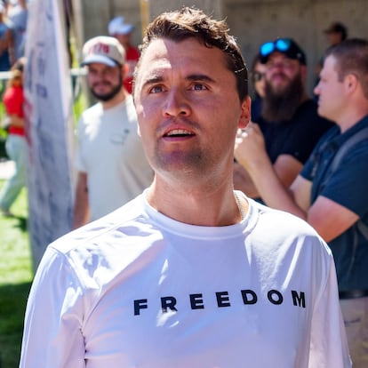 Charlie Kirk, en la universidad de Utah Valley, el 10 de septiembre, poco antes de ser asesinado.