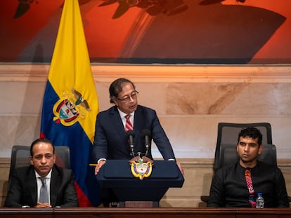 Colombian President Gustavo Petro gives a speech during the opening of the 2023-2024 session of Congress, in Bogotá, on July 20, 2023.