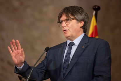 Carles Puigdemont, en un momento de su intervención en el acto de homenaje a Pau Casals, en Sant Miquel de Cuixà.