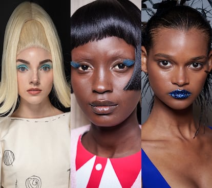 Varias pinceladas de azul vistas en pasarela, primavera-verano 2026. Desde la izda., la sombra de ojos muy pastel de Christian Cowan, las pestañas marinas en Thom Browne y los labios azules y resplandecientes de Luar.