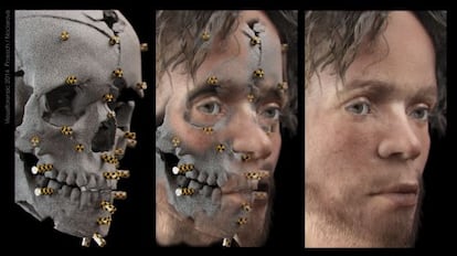 La imagen muestra la reconstrucción facial realizada de un cráneo con medios similares a los de la policía forense.
