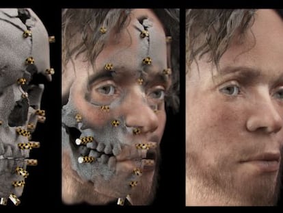 La imagen muestra la reconstrucci&oacute;n facial realizada de un cr&aacute;neo con medios similares a los de la polic&iacute;a forense.
