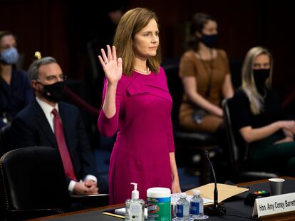 Supreme Court nominee Amy Coney Barrett is sworn in during a confirmation hearing before the Senate Judiciary Committee, Monday, Oct. 12, 2020, on Capitol Hill in Washington. (Caroline Brehman/Pool via AP)