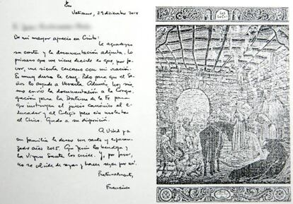 Imagen de la carta que el Papa Francisco envió a los padres del niño que sufrió abusos en un colegio de Bizkaia.