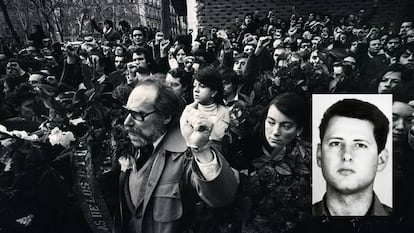 Manifestação depois da matança dos advogados de Atocha. García Juliá, na foto pequena