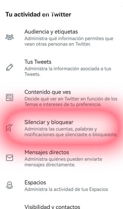 Acceso silenciar en Twitter