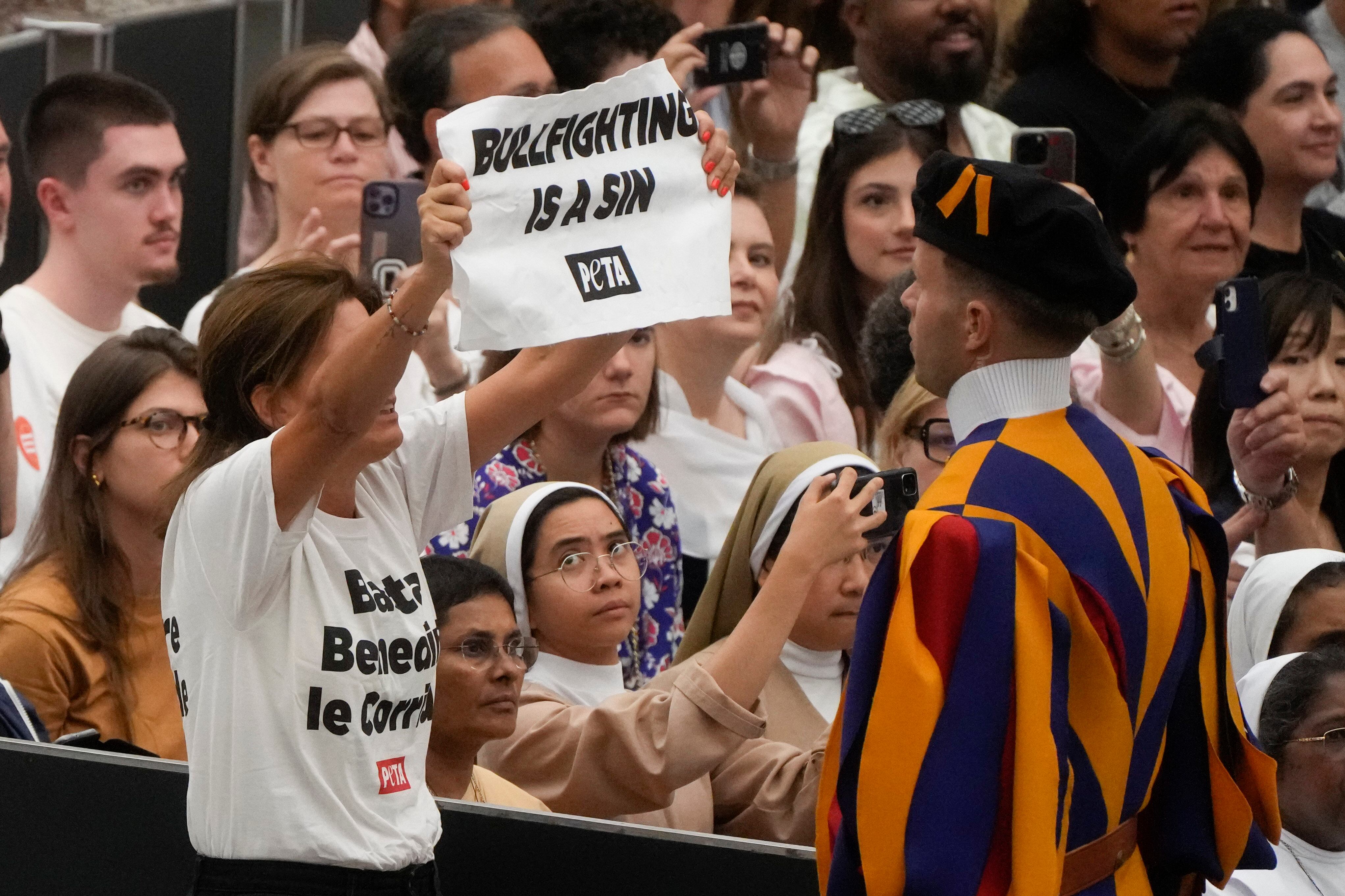 Dos activistas interrumpen la audiencia del Papa en el Vaticano con carteles de “las corridas de toros son pecado” 