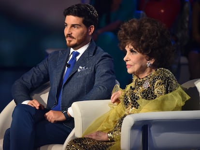 Italian actress Gina Lollobrigida and Andrea Piazzolla  during tv broadcast Domenica In in the Fabrizio Frizzi Rai Studios. Rome (Italy), September 22th, 2019 (Photo by Massimo Insabato/Archivio Massimo Insabato/Mondadori Portfolio via Getty Images)