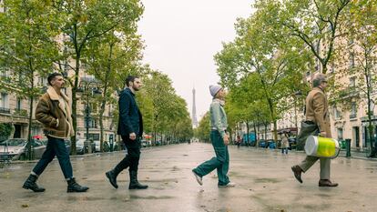 From the left: Joel Sánchez, Julio Peña, Michelle Jenner and Tristán Ulloa. The Eiffel Tower can be seen in the background of this image from the Netflix series 'Berlin.' 