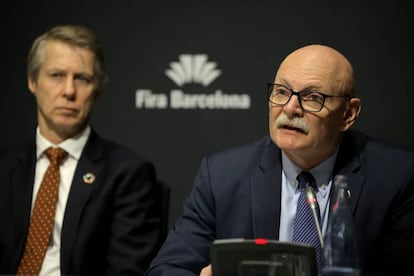 GSMA CEO John Hoffman (r) at a press conference on Thursday.