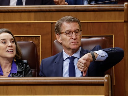 Alberto Núñez Feijóo y Cuca Gamarra, este martes en el pleno del Congreso.