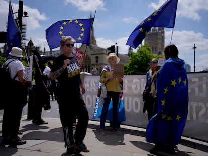 Partidarios de la permanencia en la UE se manifestaban este jueves, quinto aniversario del referéndum del Brexit, ante el Parlamento británico.