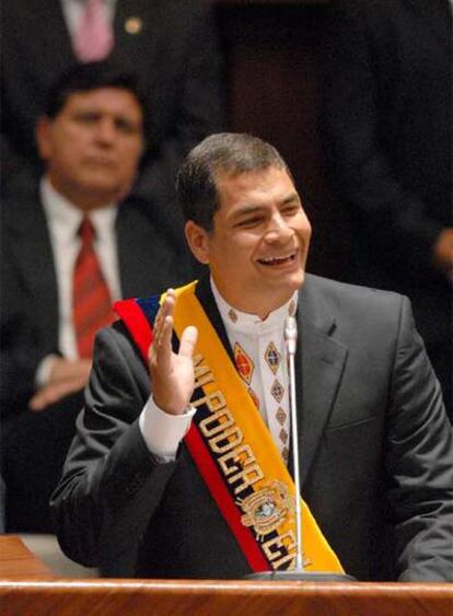 El izquierdista Rafael Correa, durante su discurso a la nacin.