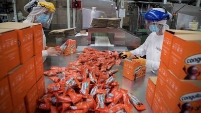 Dos empleadas empaquetan Conguitos en la fábrica de Lacasa en Zaragoza.