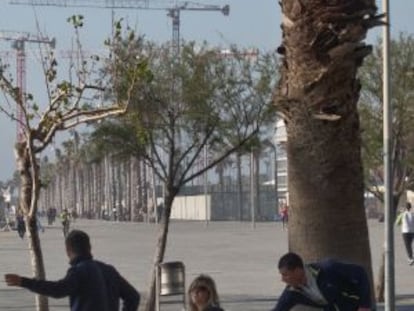 Un carterista roba a una turista en la Barceloneta mientras otro la distrae.