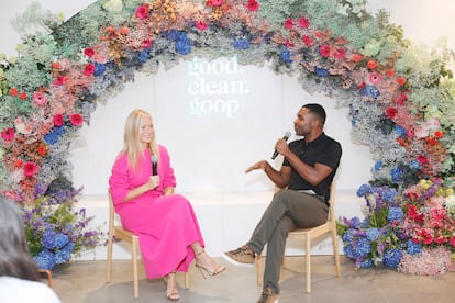 Gwyneth Paltrow chats with Justin Sylvester at the launch of good.clean.goop on October 18, 2023 in Santa Monica, California.