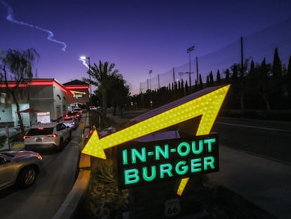 An In-N-Out restaurant in Azusa, California, just off Route 66, on Monday night, April 1, 2024.