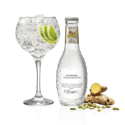 Tónica Schweppes premium mixer Ginger&Cardamomo aderezado con un par de rodajas de manzana verde.