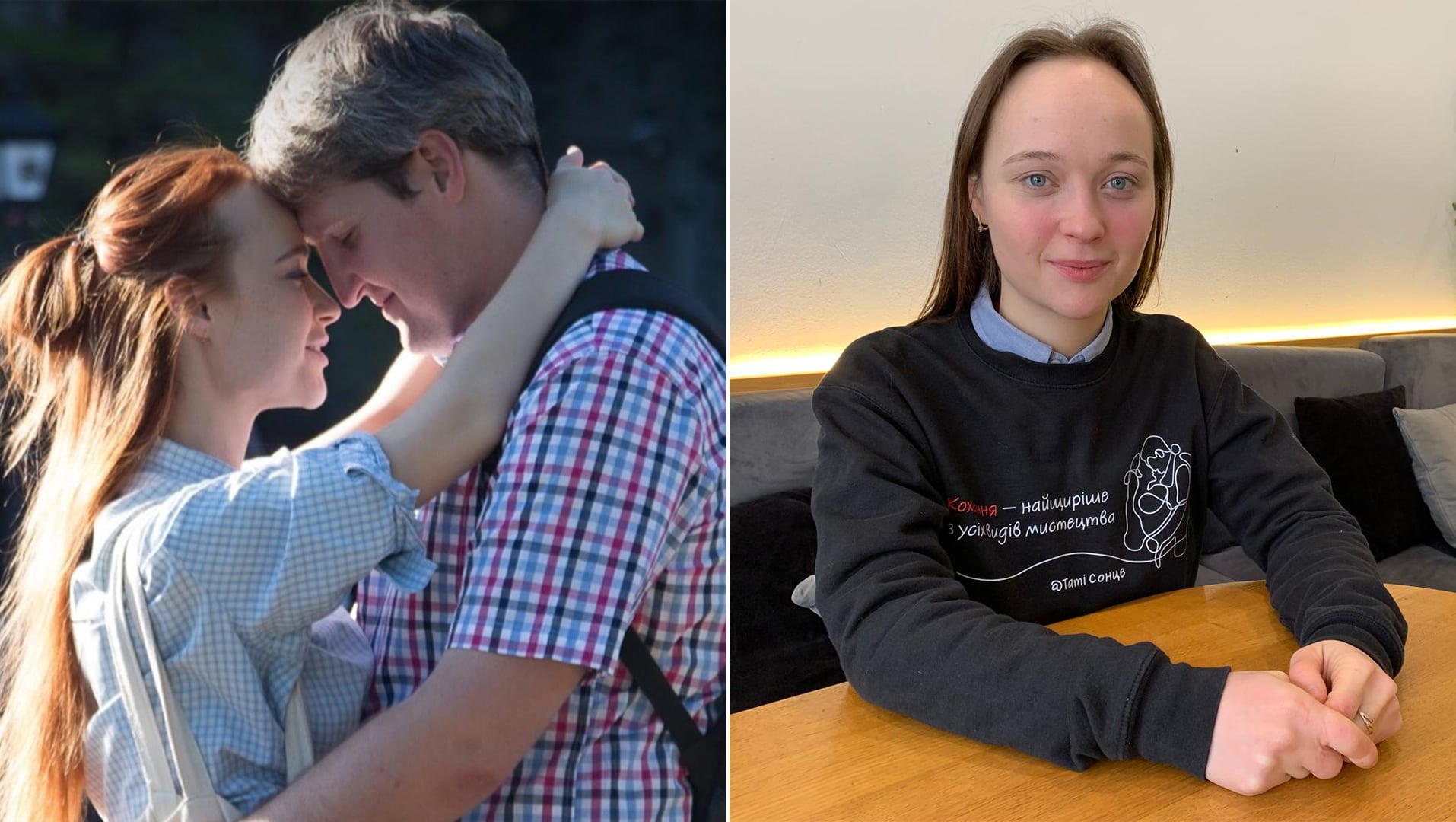 A la izquierda, Andrii Melnyk y Tati Sontse, antes de la guerra, y a la derecha, ella este miércoles en una cafetería en Kiev.