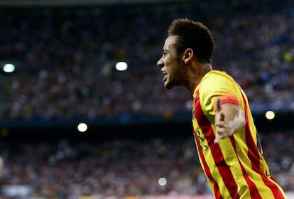 Barça's Neymar celebrates after scoring the equalizer against Atlético.
