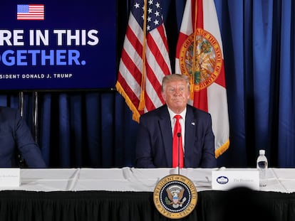 El presidente de EE UU, Donald Trump, el viernes en un evento sobre la covid-19 en Belleair (Florida).