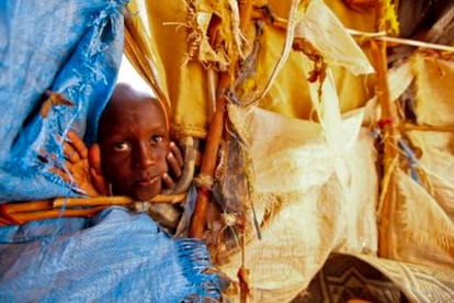 Un pequeño somalí mira a través de la lona de uno de los aljamientos temporales montados en una zona próxima al campamento Hagadera, uno de los tres que forman parte del campo de refugiados de Dadaab, en el noreste de Kenia.