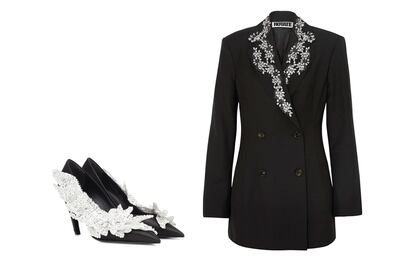 Elegancia cristalina

Zapato de satén negro con cristales de Balenciaga (1.085€).

Blazer negra con adornos de cristal de Rotate (470€)