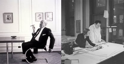 A la izquierda, el arquitecto Ludwig Mies van der Rohe fuma un puro en su apartamento de Chicago. A la derecha, Edith Farnsworth en la oficina de Van der Rohe, observando los planos de la casa junto al socio del arquitecto, Myron Goldsmith.