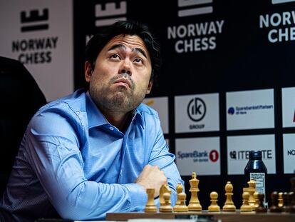 Hikaru Nakamura, en el momento de lograr una posición ganadora frente a Magnus Carlsen, este lunes en Stavanger (Noruega)