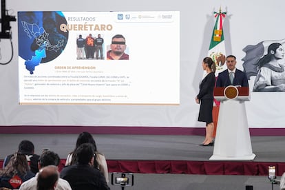 Omar García Harfuch durante su participación en la Mañanera de Claudia Sheinbaum, este jueves.