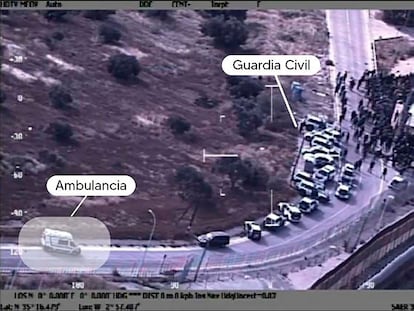 Fotograma de los vídeos grabados por un dron y un helicóptero de la Guardia Civil el pasado 24 de junio, durante la tragedia de la valla de Melilla.