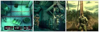 Desde la izquierda, imágenes de juego de 'Metal Gear Solid' 1, 2 y 3.