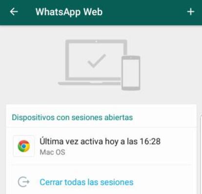 Captura del espacio de gestión de sesiones abiertas de WhatsApp Web